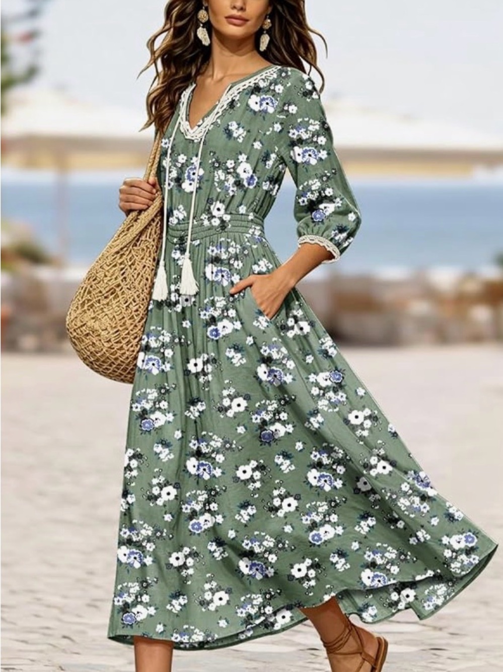 Floral V-Neck Maxi Dress in Sage Green